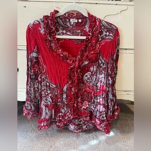 Agora Paisley Red and White Blouse with Roses and Ruffles Size PM